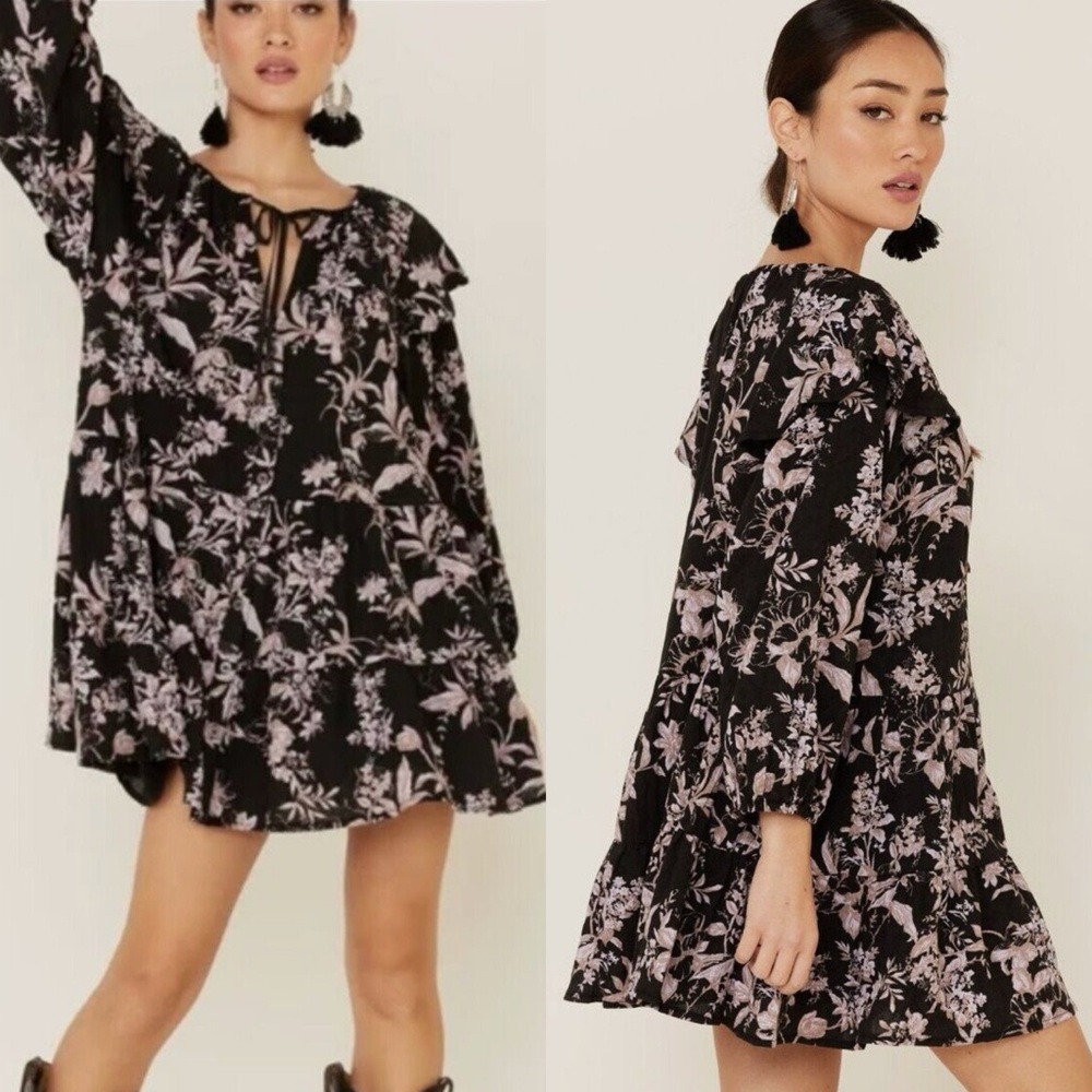 Free People / Sunbaked Floral Long Sleeve Swing Minidress Black Combo